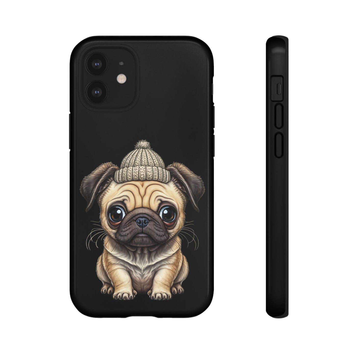 Pug Phone Case – Cute Pug Puppy Illustration on Black Tough Case