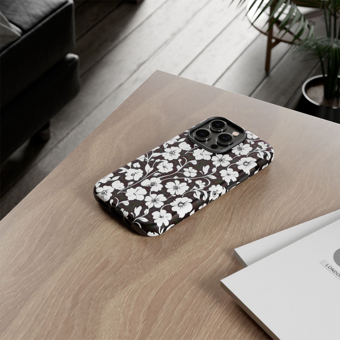 Floral Noir Tough Phone Case — Black & White Flower Protective Cover