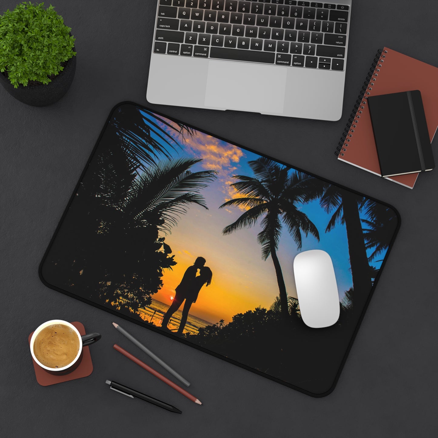 Sunset Beach Romance Desk Mat — Tropical Couple Silhouette Mouse Pad