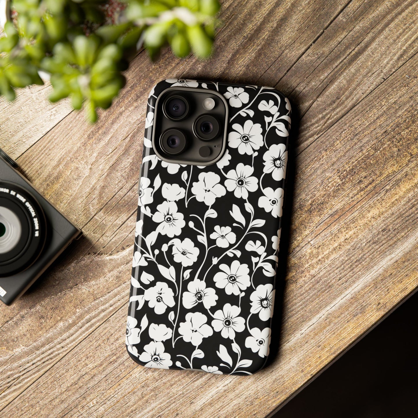 Floral Noir Tough Phone Case — Black & White Flower Protective Cover