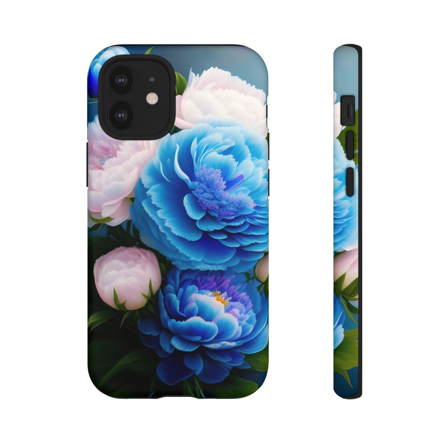 Floral Blue Peony Phone Case — Protective Tough Case with Pink & Blue Blooms