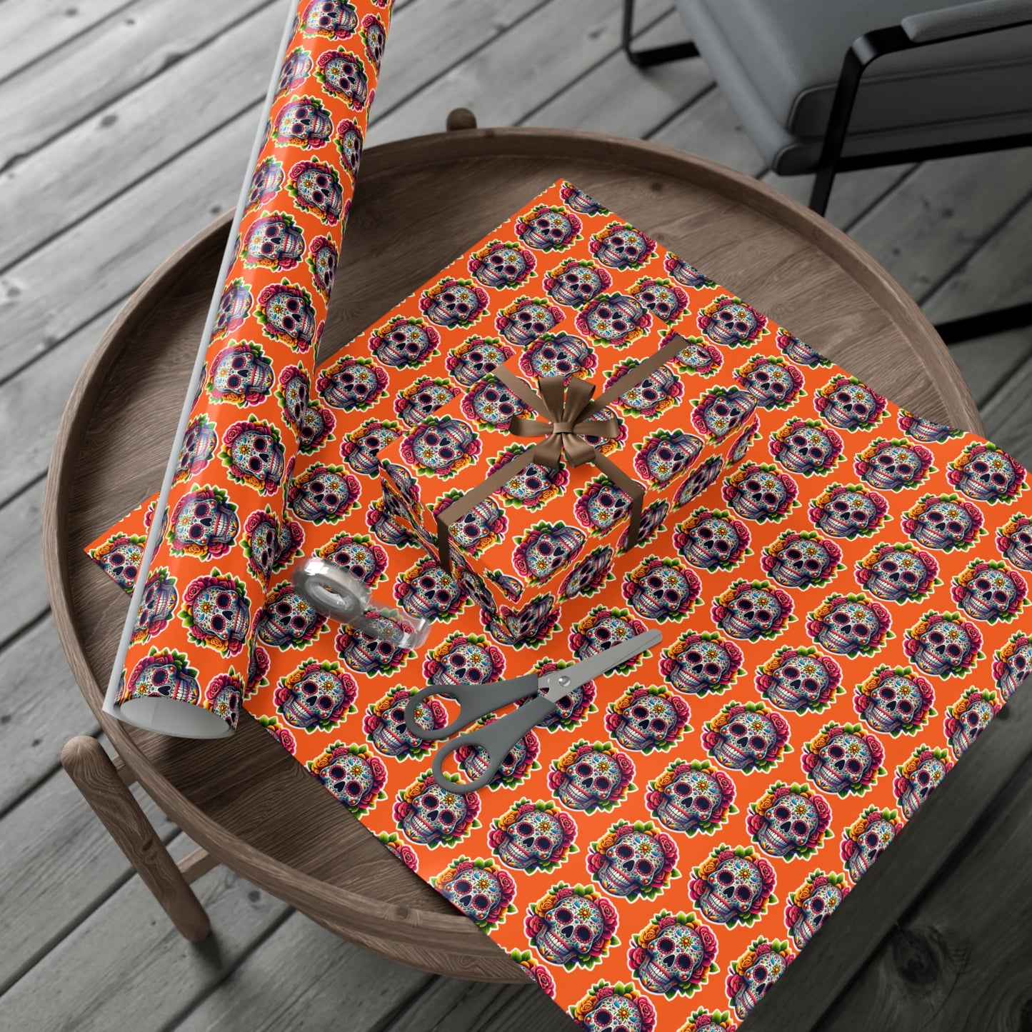 Day of the Dead Sugar Skull Gift Wrap Paper — Vibrant Orange Mexican Holiday Wrapping
