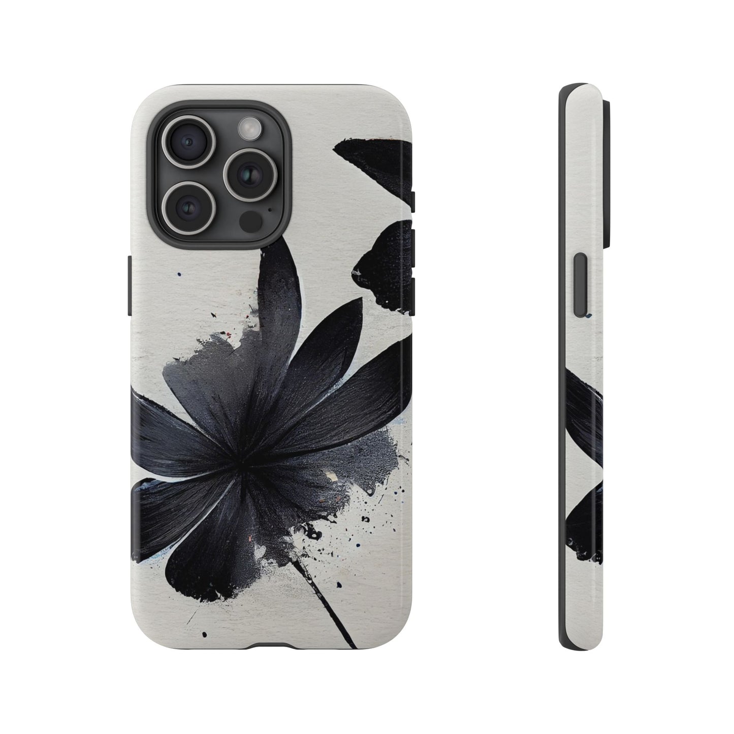 Monochrome Floral Tough Phone Case — Black Ink Flower Protective Cover