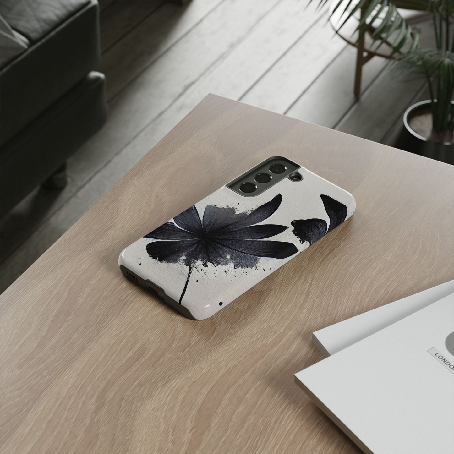Monochrome Floral Tough Phone Case — Black Ink Flower Protective Cover
