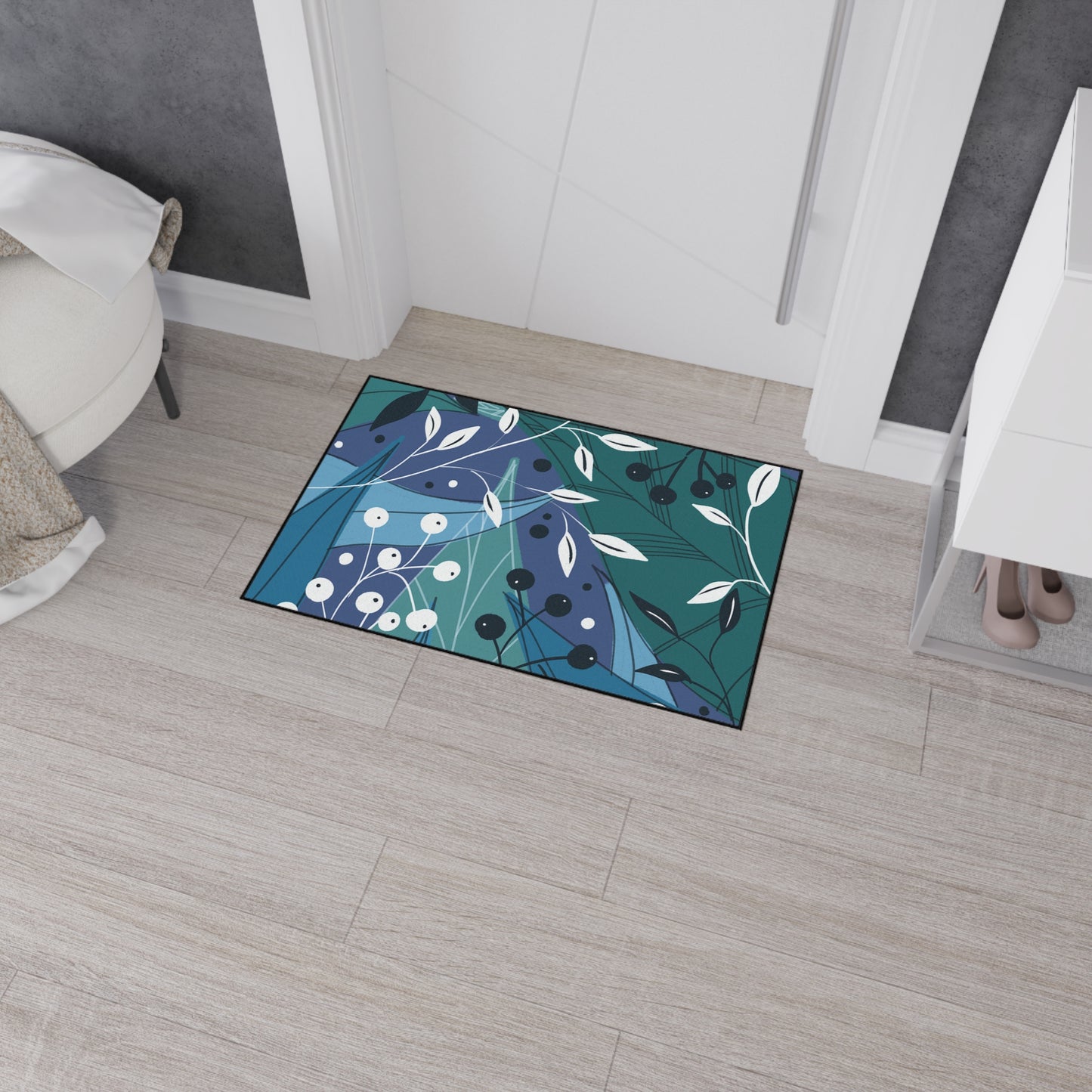 Botanical Blue Heavy-Duty Floor Mat — Durable Floral Entrance Rug