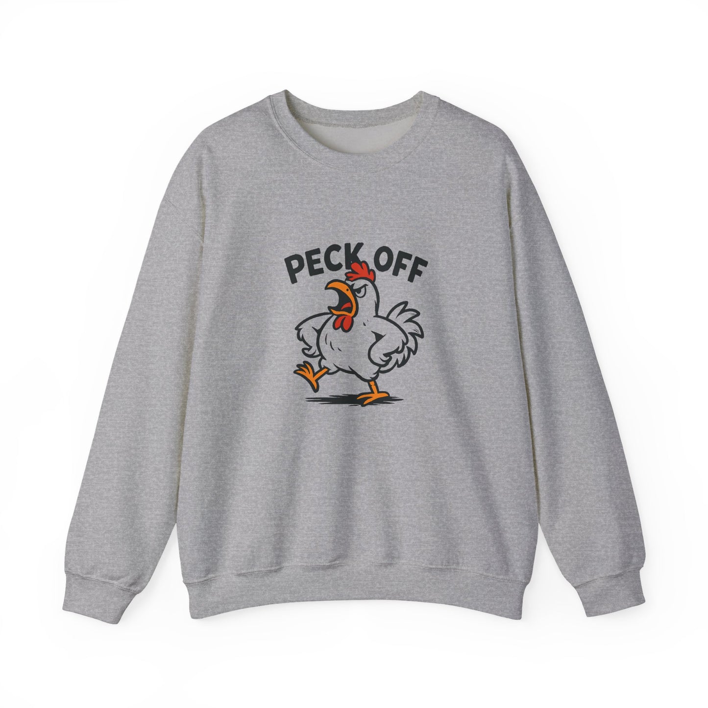 Crewneck Sweatshirt — 'Peck Off' Funny Angry Chicken Graphic
