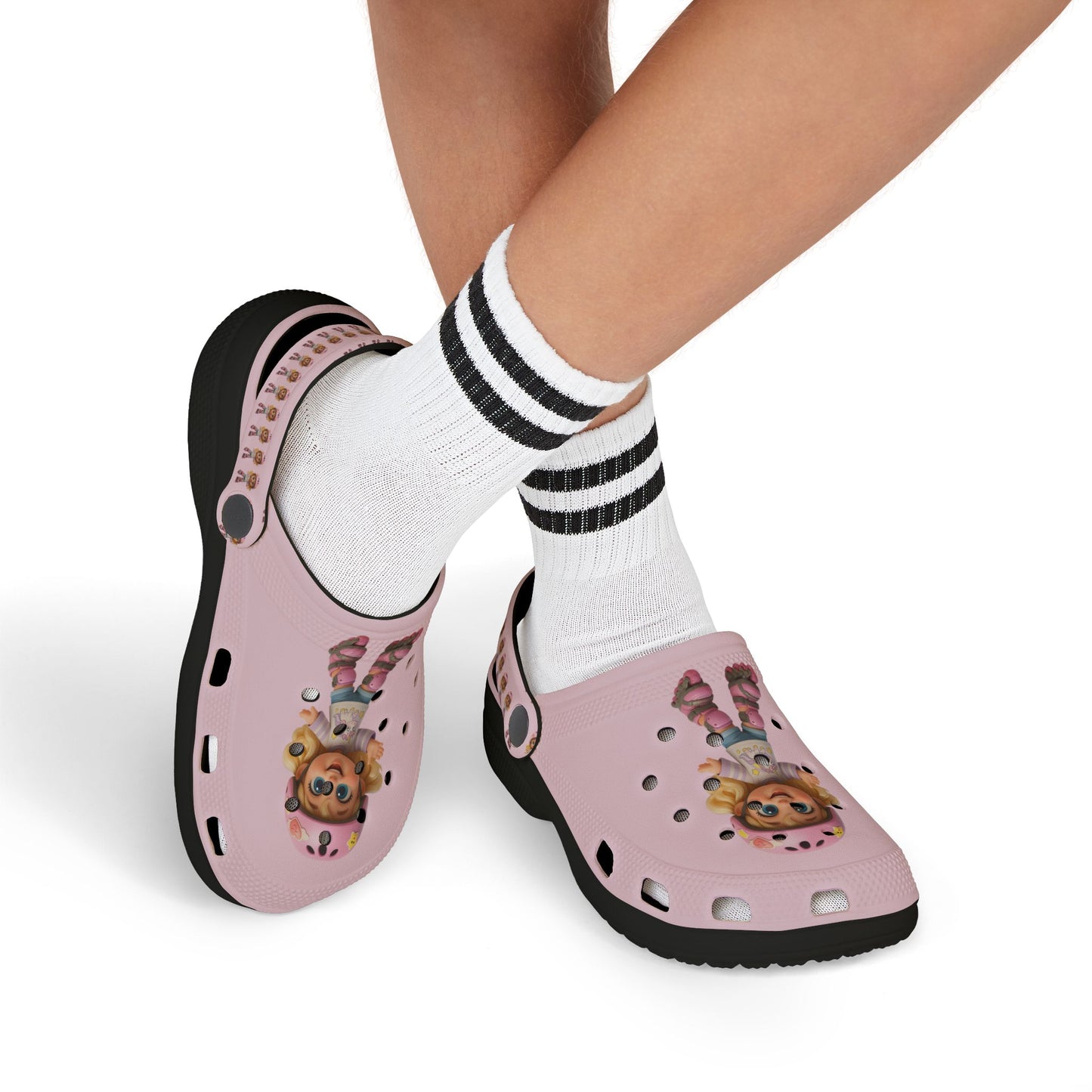 Kids Pink Character EVA Clogs — Cute Roller Girl Graphic