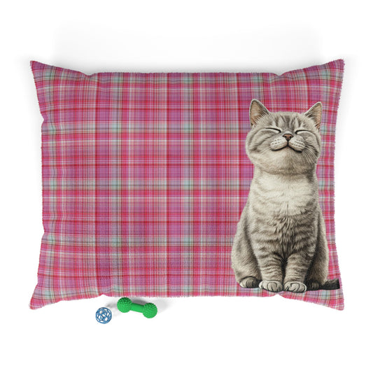 Smiling Gray Cat Plaid Pet Bed — Cozy Pink Cat Bed for Cats & Kittens