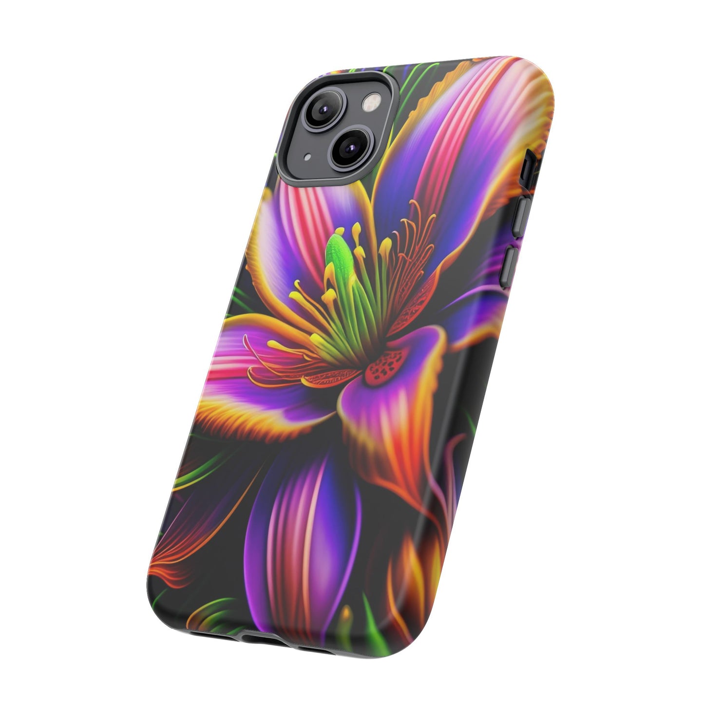 Floral Neon Tough Phone Case — Vivid Purple & Orange Lily Protective Cover