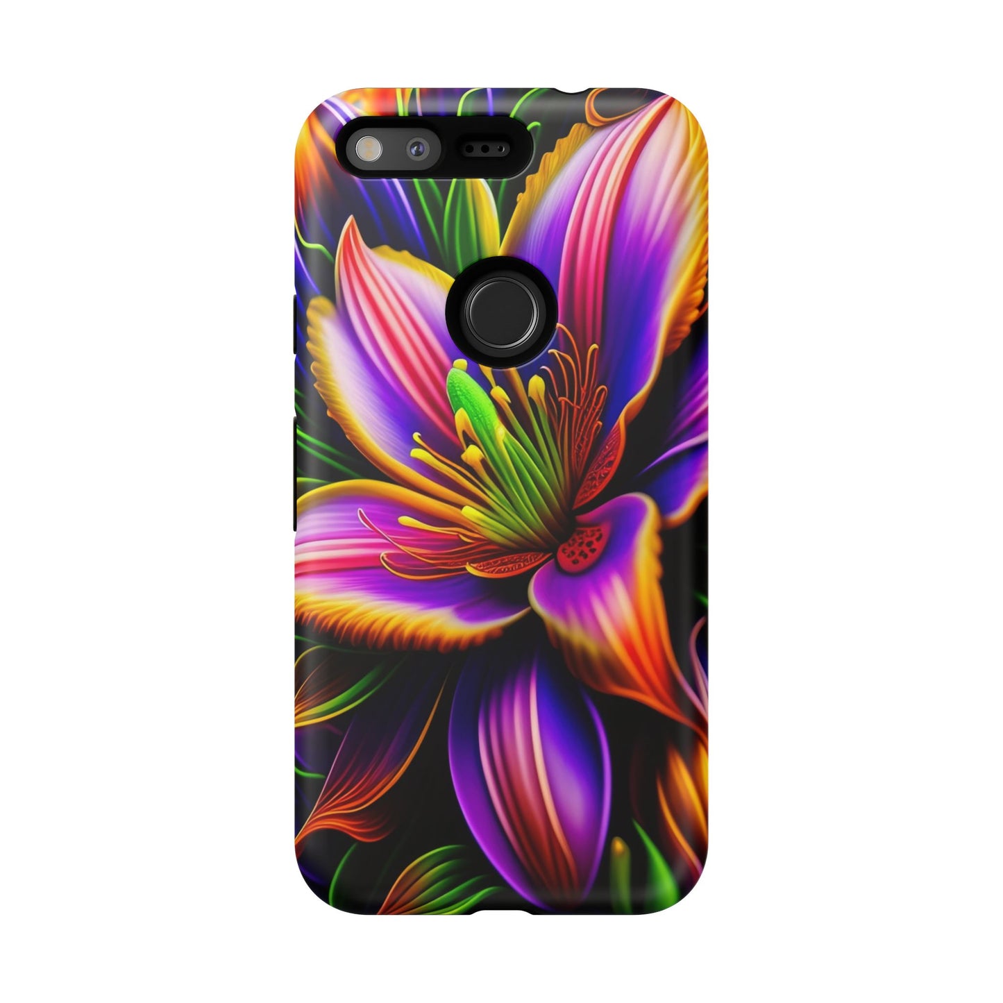 Floral Neon Tough Phone Case — Vivid Purple & Orange Lily Protective Cover