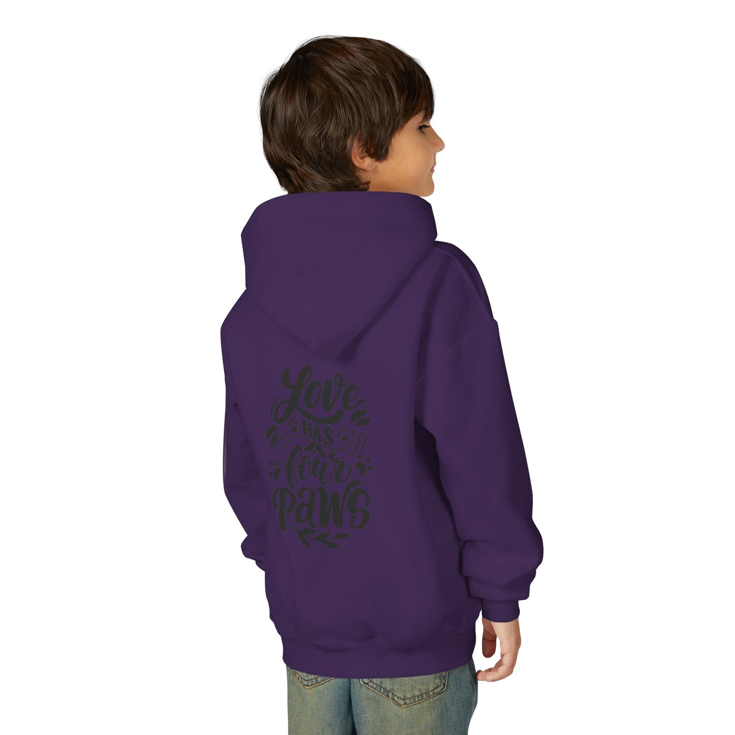 Youth Hoodie — Cute Black Shih Tzu with “Love Has Four Paws” Back Print