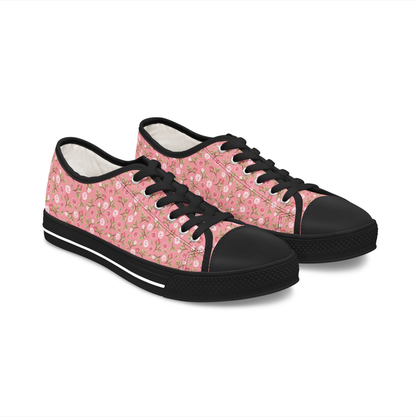 Floral Pink Low Top Sneakers — Women's Cute Rose Pattern Canvas Shoes