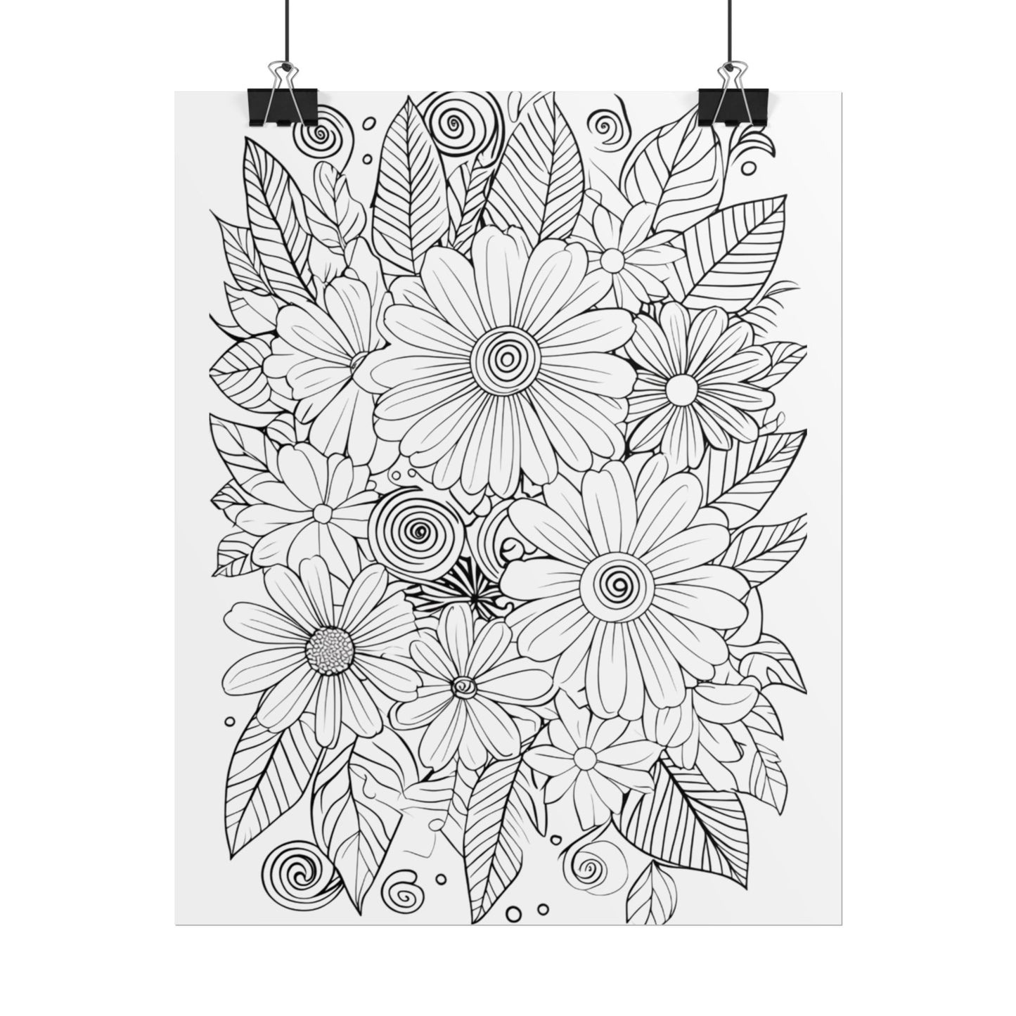 Floral Coloring Poster — Rolled Black & White Doodle Print for Adults, DIY Wall Art