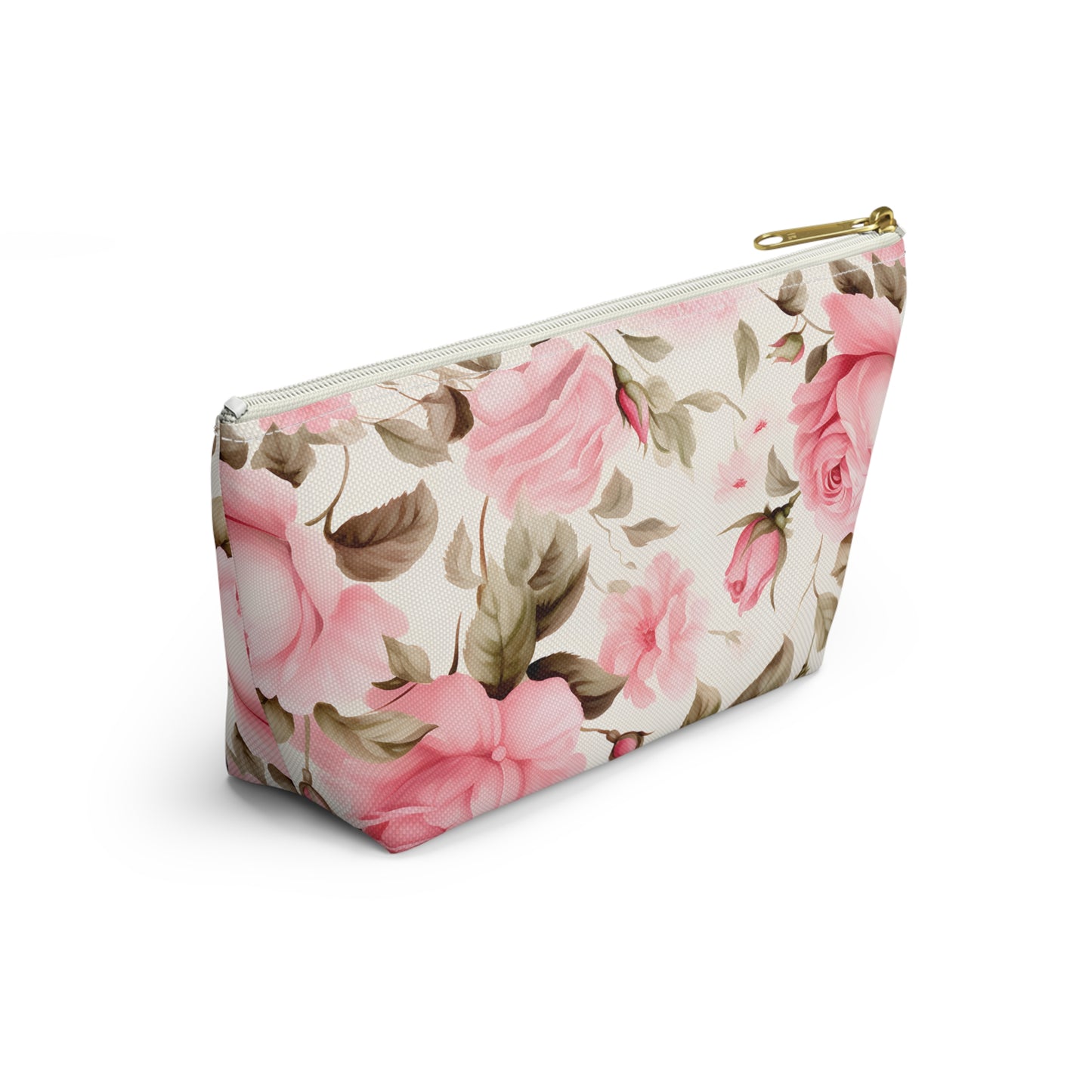 Floral Rose Accessory Pouch - Pink Vintage Cosmetic Bag with T-Bottom