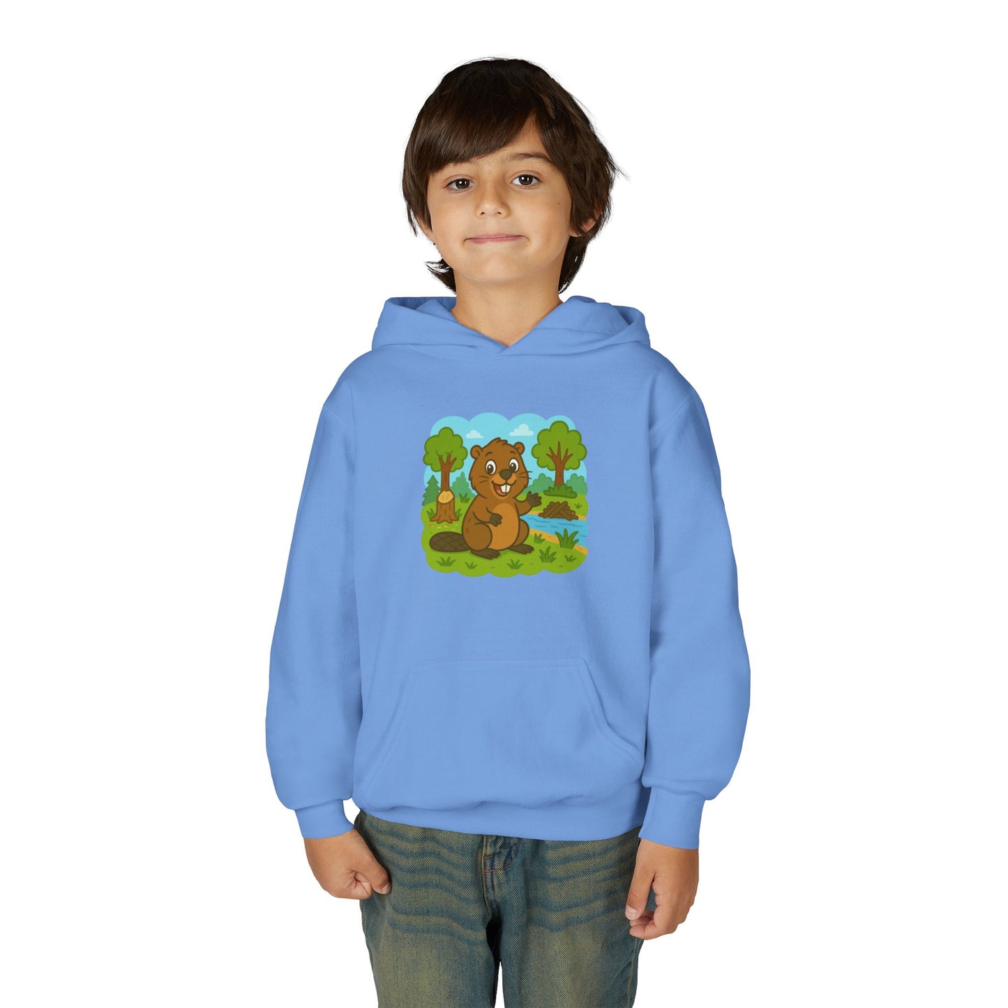 Cartoon Beaver Forest Scene Youth Hoodie | Woodland Animal Kids Sweatshirt