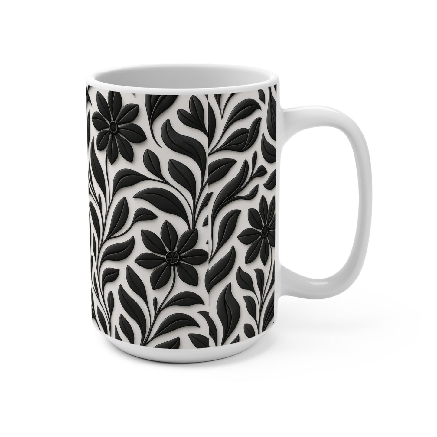 15oz Ceramic Mug — Black Floral Embossed Pattern, Elegant Botanical Coffee Cup