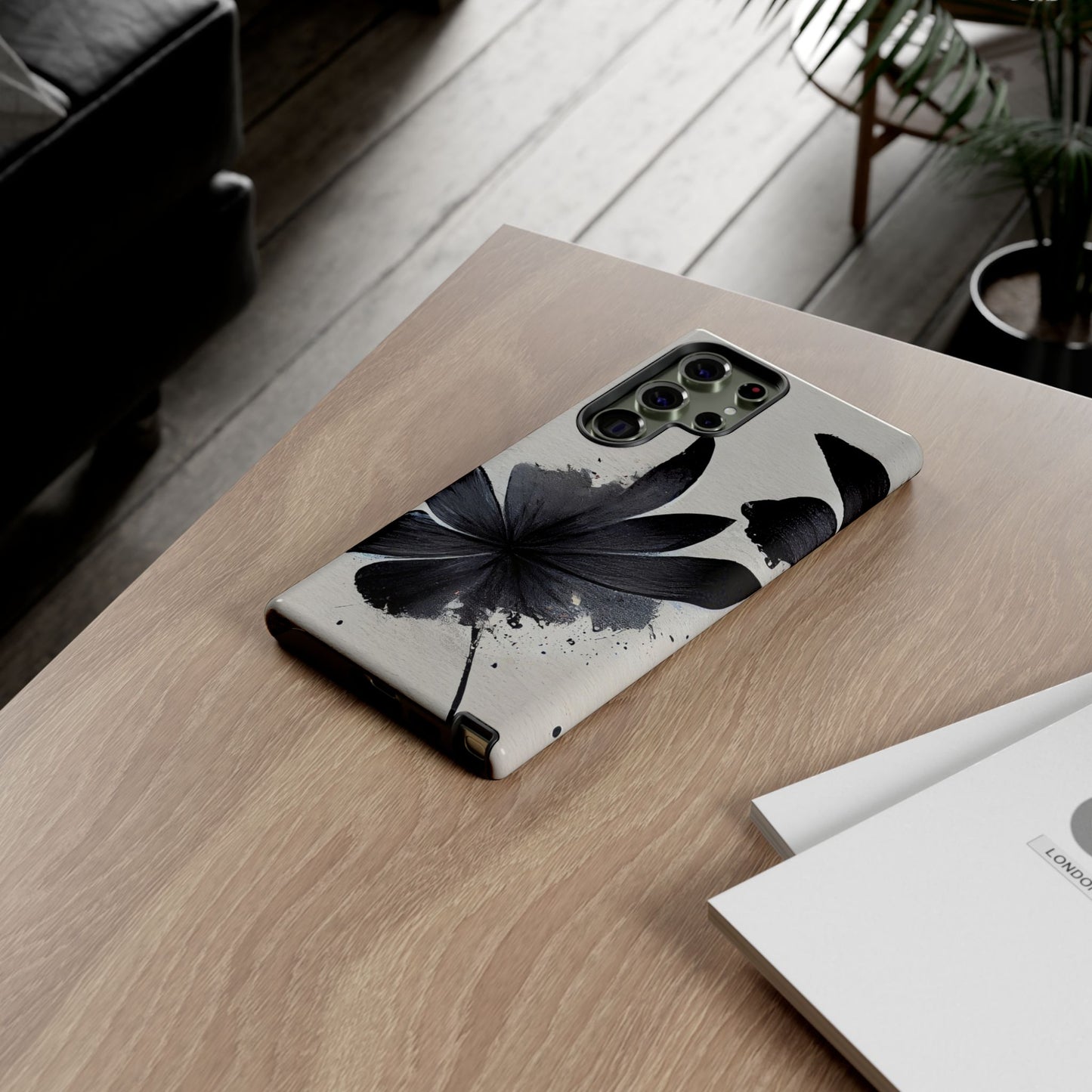 Monochrome Floral Tough Phone Case — Black Ink Flower Protective Cover