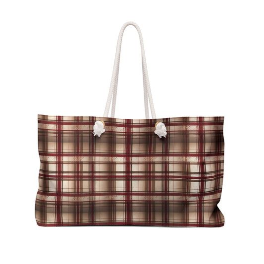 Plaid Weekender Bag — Rustic Brown & Burgundy Travel Tote