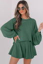 Mist Green Corded Lantern Sleeve Top High Waist Ruffled Mini Skort Set
