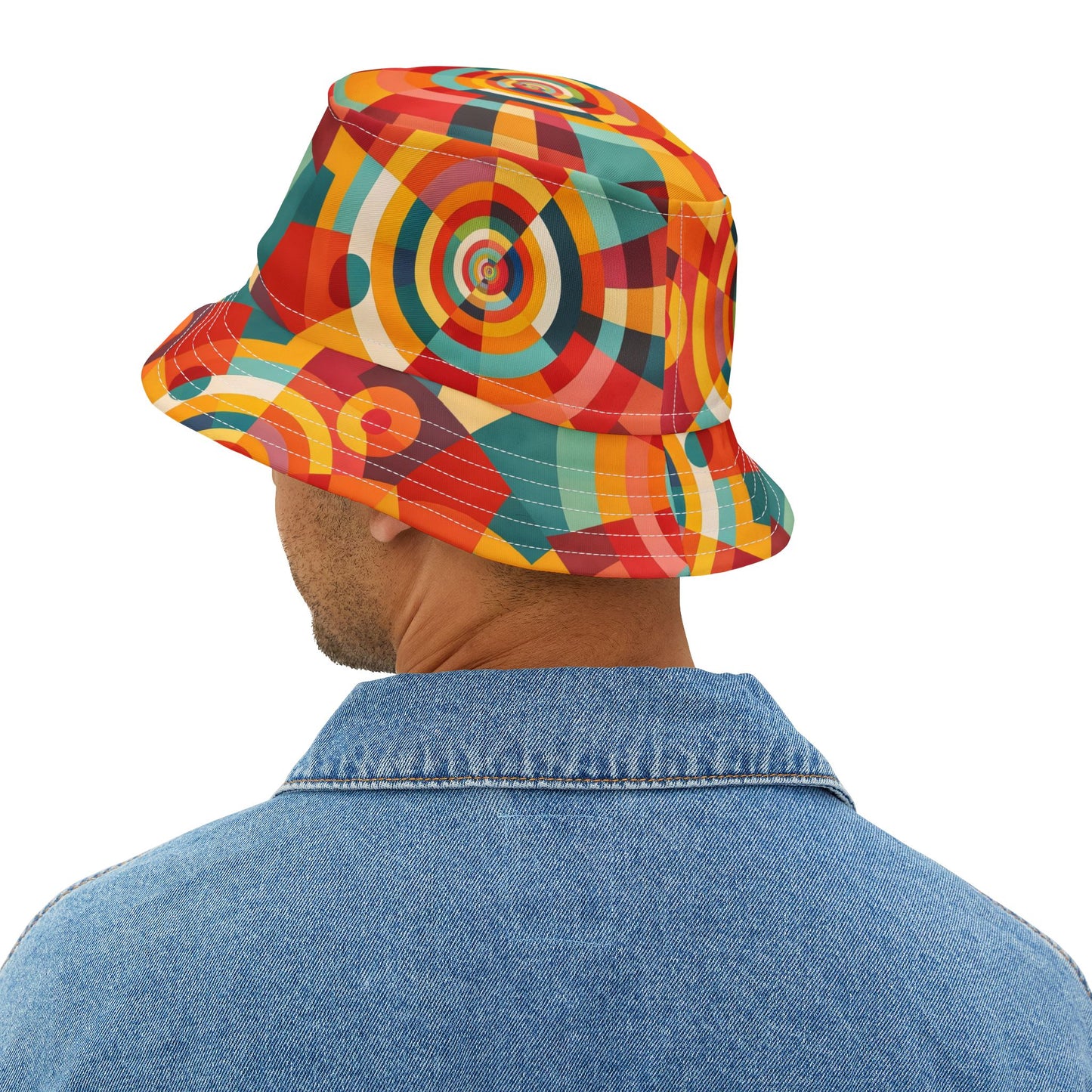 Retro Geometric Bucket Hat — Colorful 70s-Inspired Abstract Print