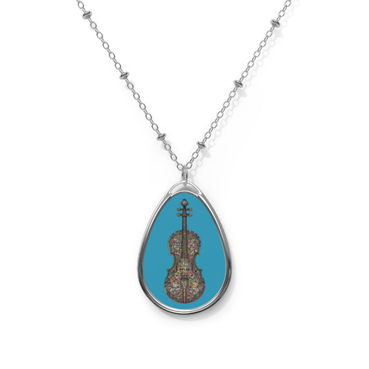 Vibrant Violin Oval Necklace | Musical Gift, Teal Jewelry, Boho Pendant, Artistic Accessory, Perfect for Music Lovers