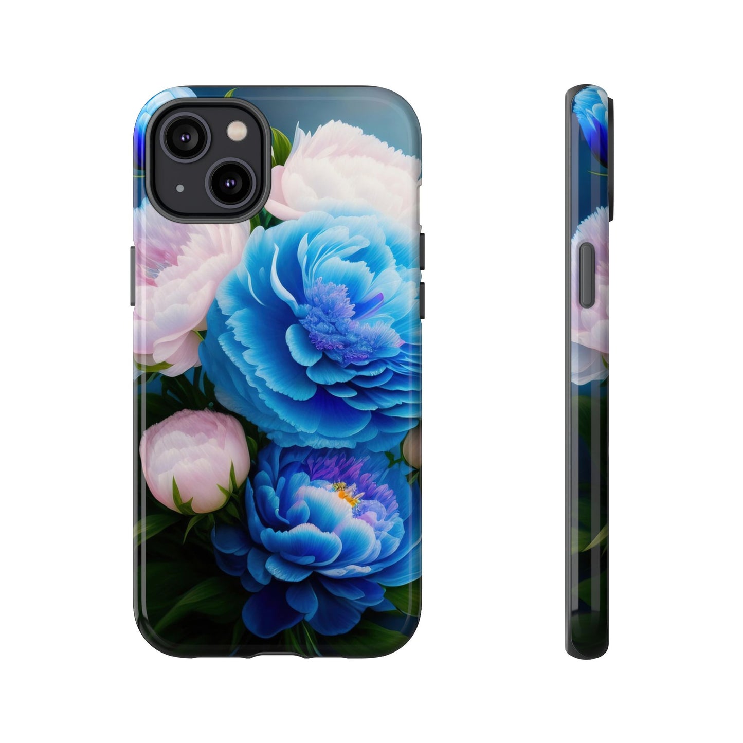 Floral Blue Peony Phone Case — Protective Tough Case with Pink & Blue Blooms