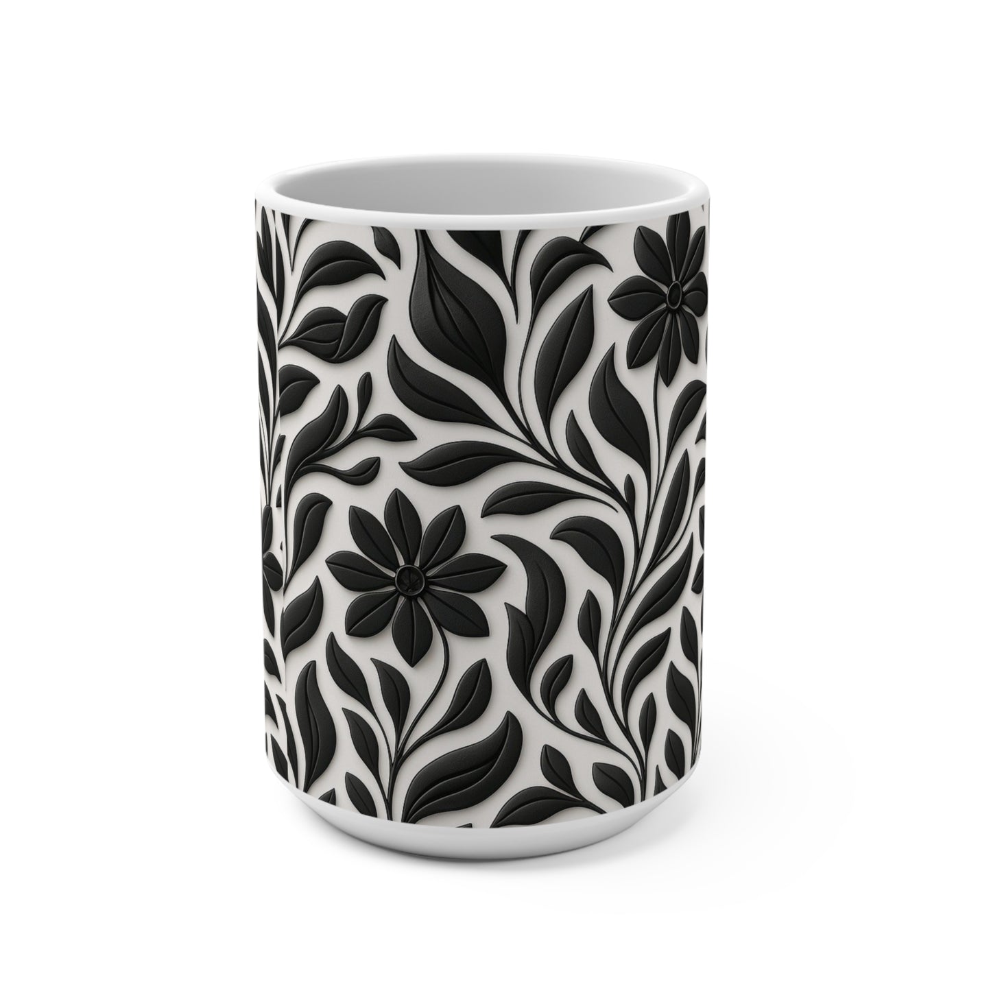 15oz Ceramic Mug — Black Floral Embossed Pattern, Elegant Botanical Coffee Cup
