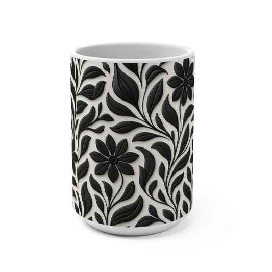 15oz Ceramic Mug — Black Floral Embossed Pattern, Elegant Botanical Coffee Cup