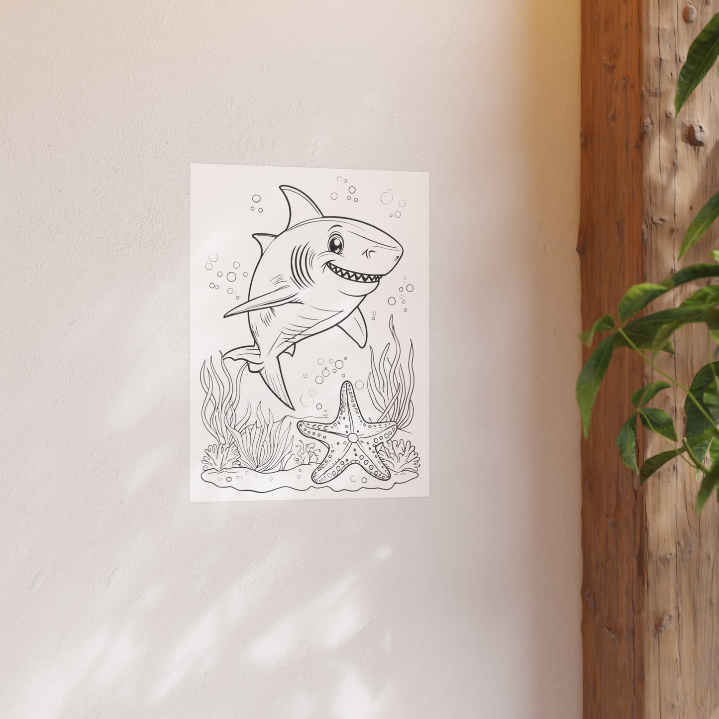 Cute Shark Coloring Poster — Satin & Archival Matte Ocean Print for Kids’ Rooms