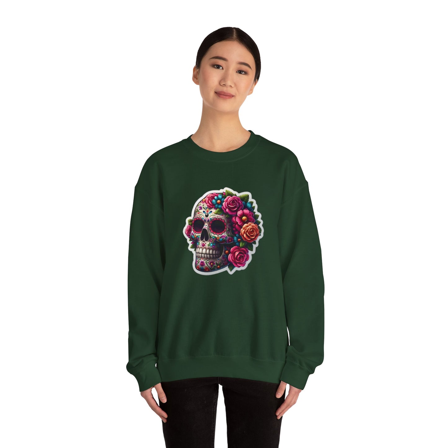 Sugar Skull Crewneck Sweatshirt — Floral Day of the Dead Graphic