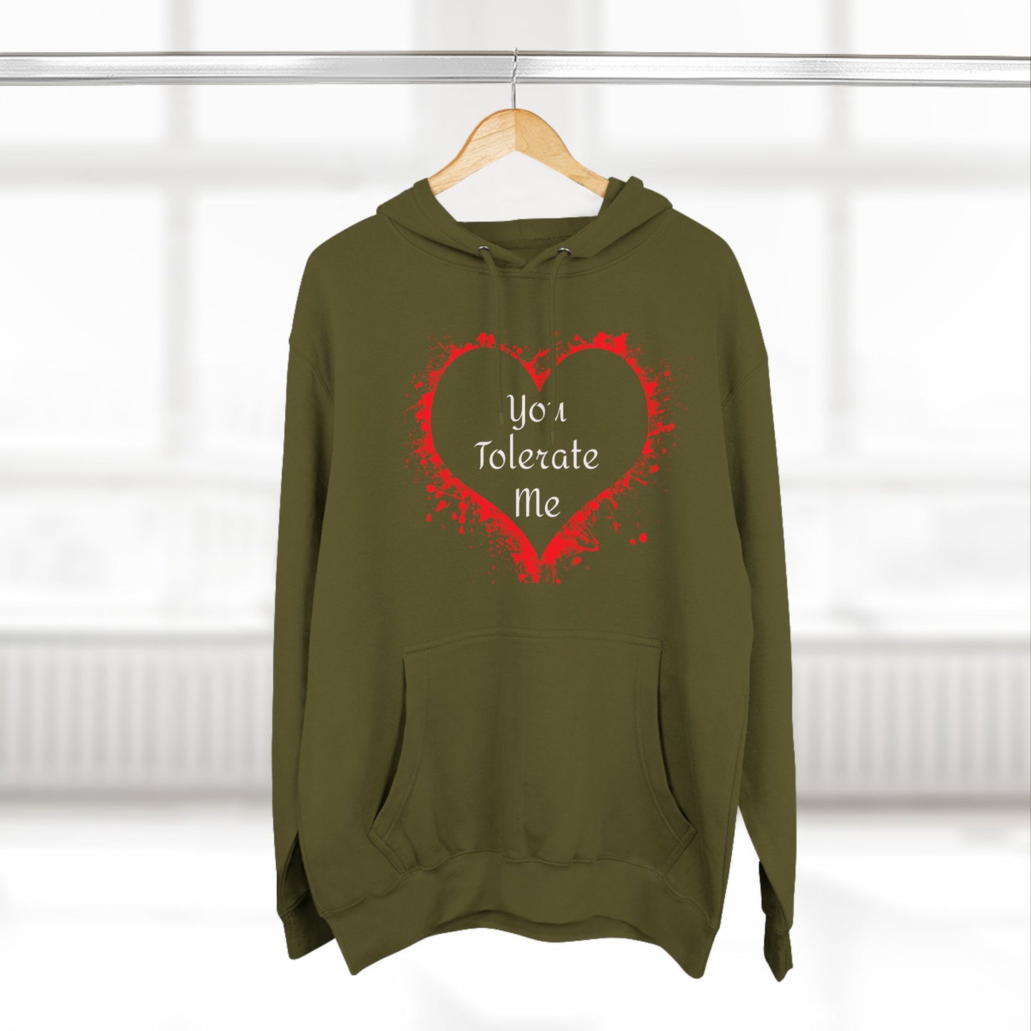 Heart Splash Hoodie — "Love Tolerate Me" Graphic Pullover