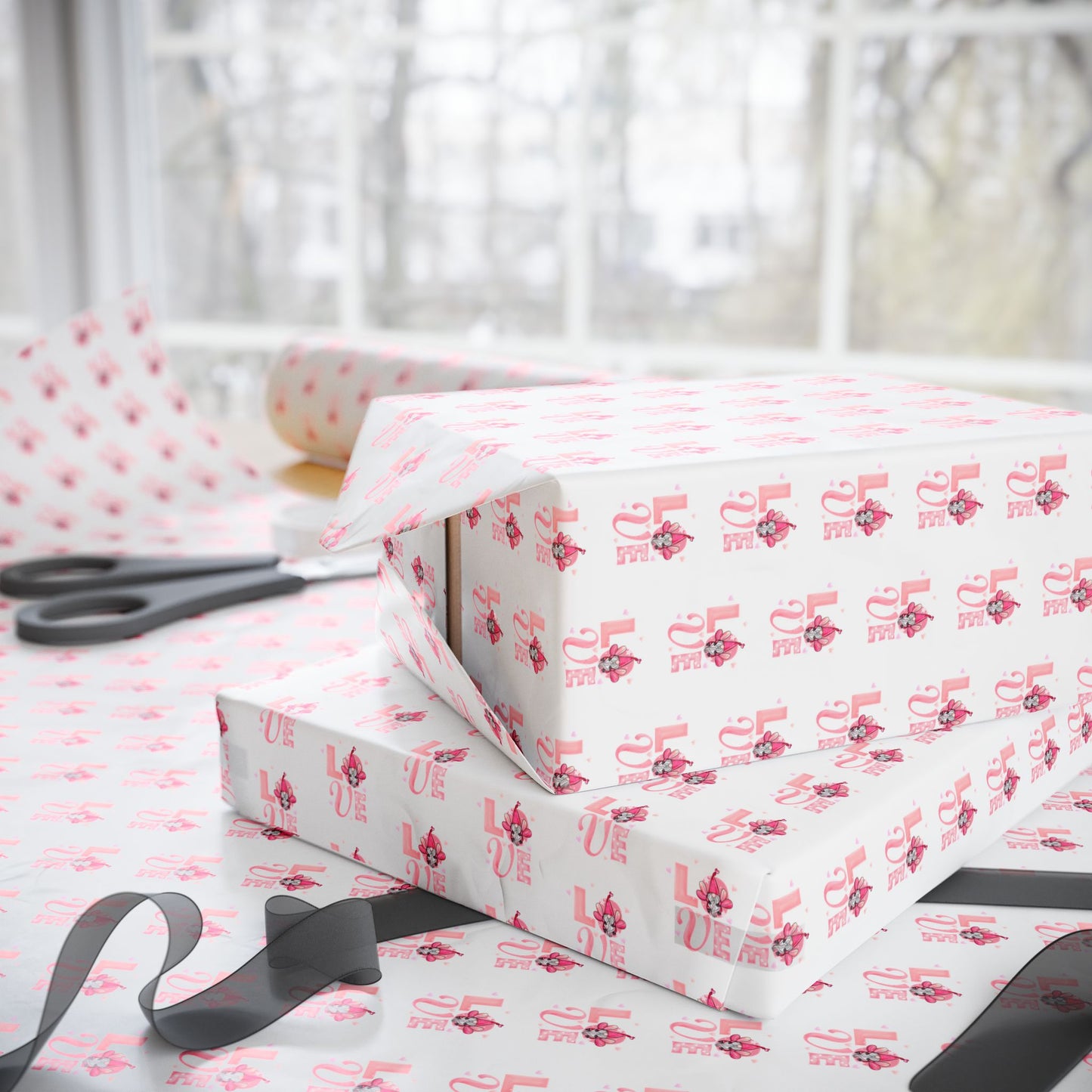 Wrapping Paper Roll — Pink Floral “Love” Pattern Gift Wrap for Valentine’s Day & Weddings