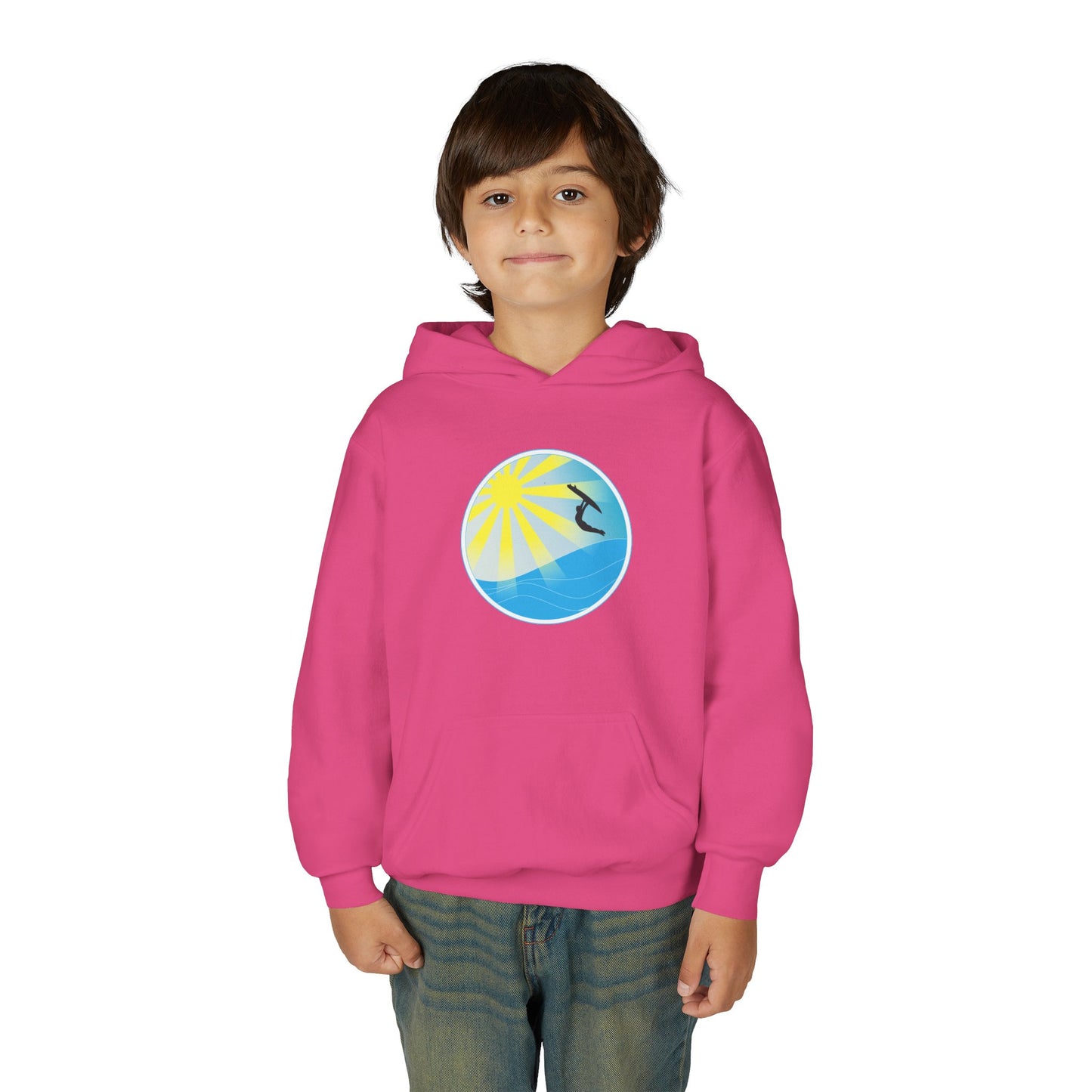 Sunrise Surf Circle Youth Hoodie | Surfing Wave Graphic