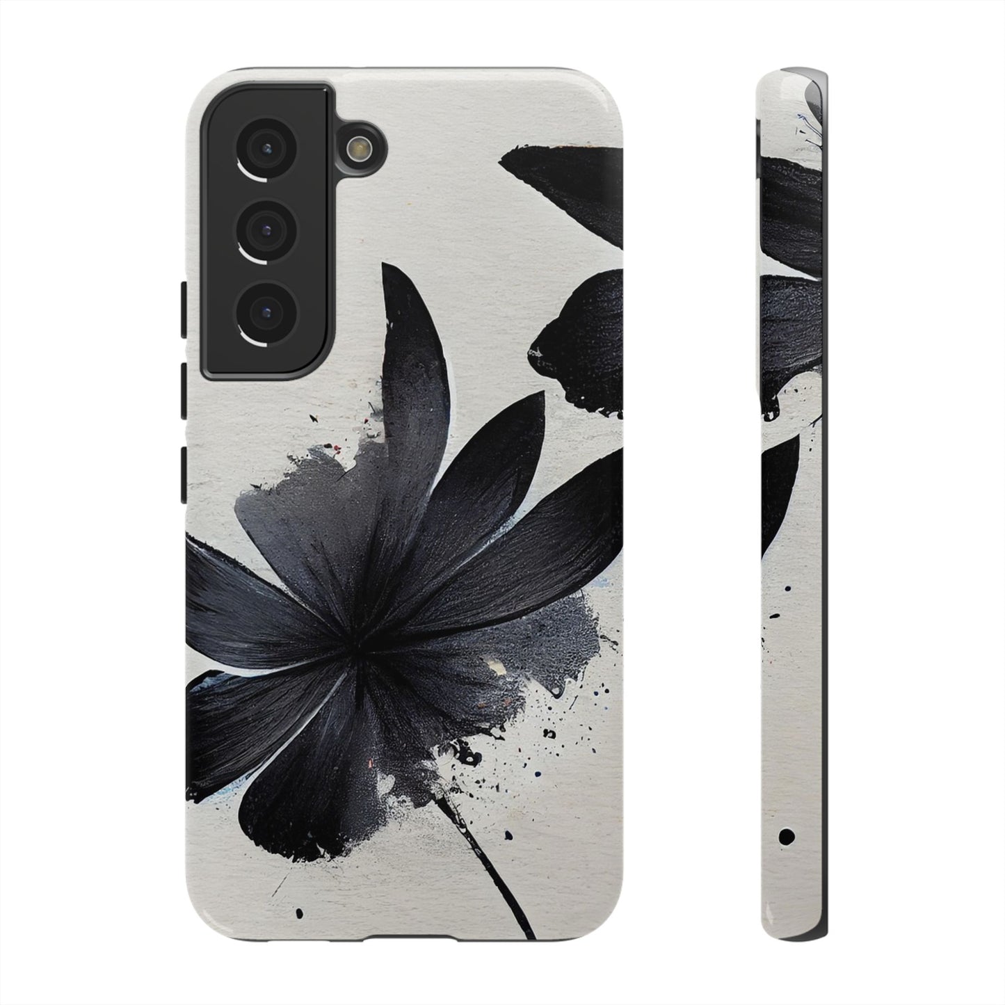 Monochrome Floral Tough Phone Case — Black Ink Flower Protective Cover
