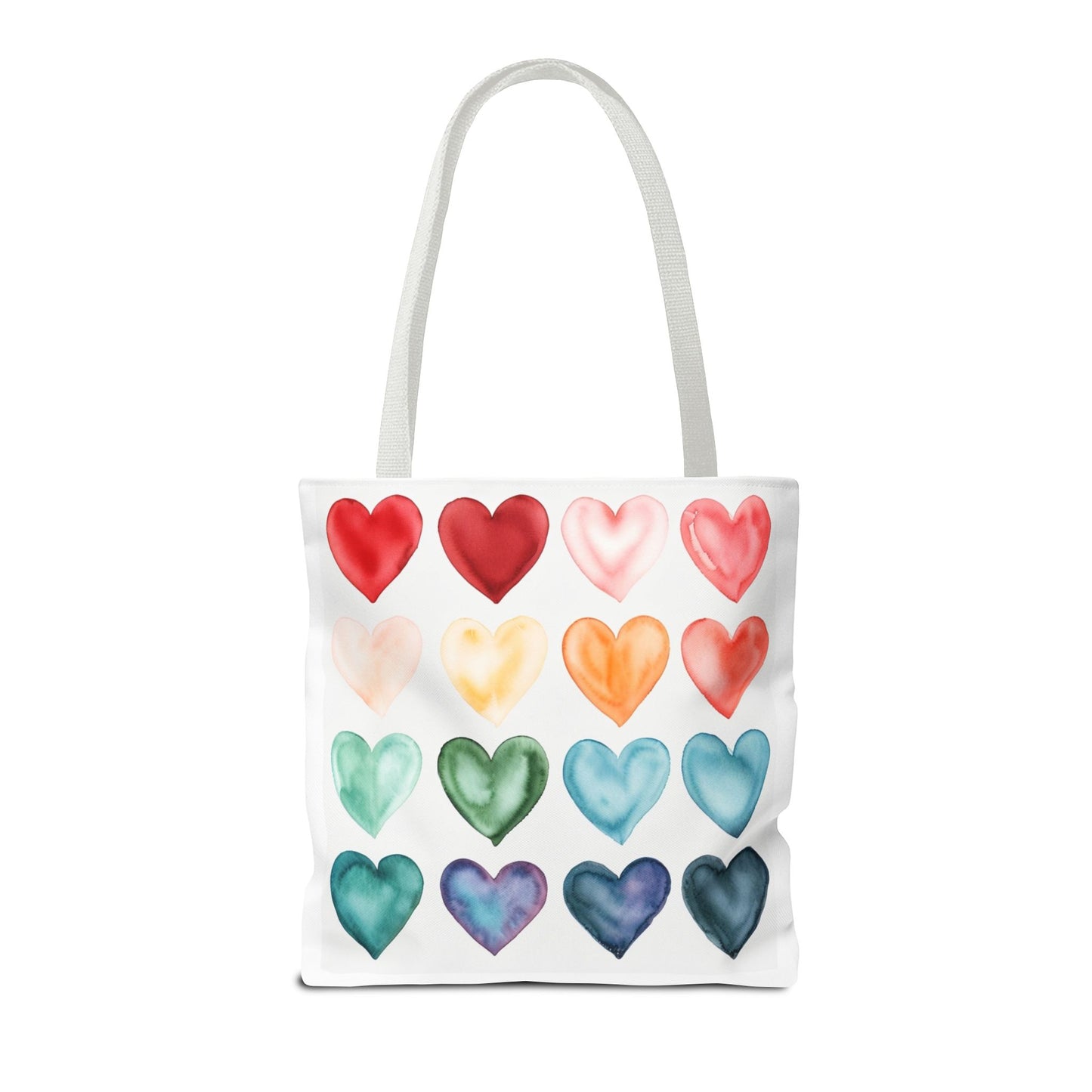 Watercolor Rainbow Hearts Tote Bag — Colorful Heart Pattern Beach & Market Tote