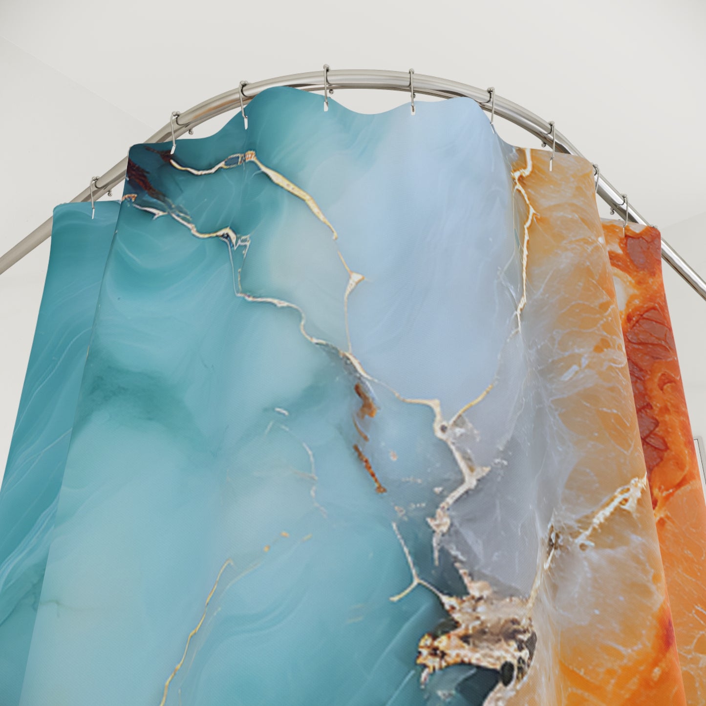 Abstract Blue Orange Marble Shower Curtain – Turquoise & Coral Bathroom Decor