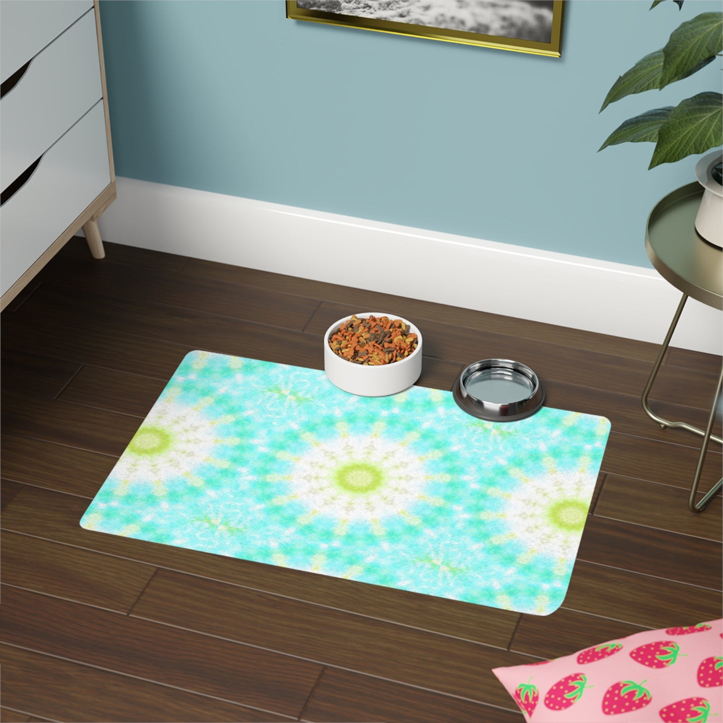 Aqua Tie-Dye Pet Food Mat (12x18) — Waterproof Cat & Dog Placemat