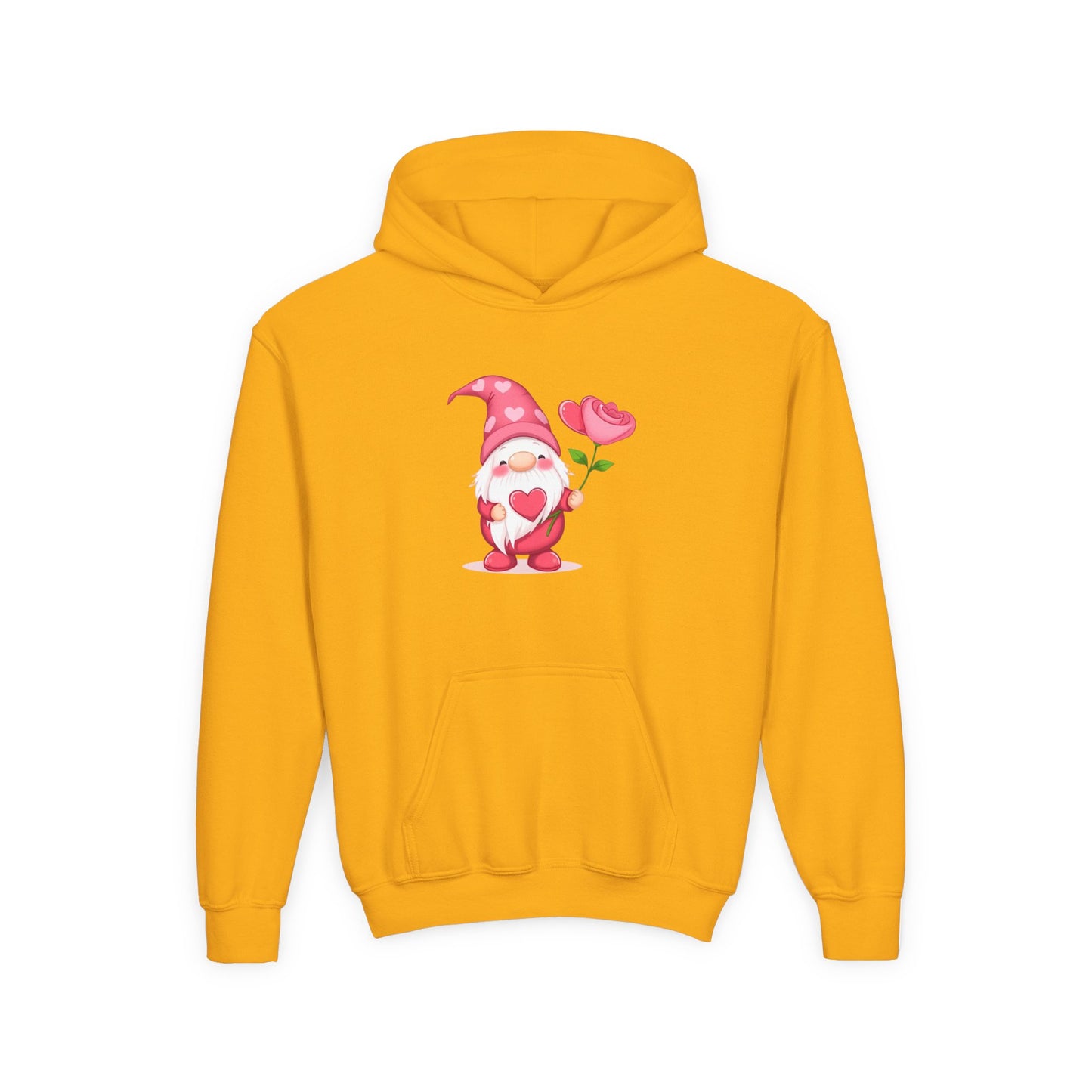 Valentine Gnome Kids Hoodie — Cute Pink Gnome Holding Rose Youth Sweatshirt