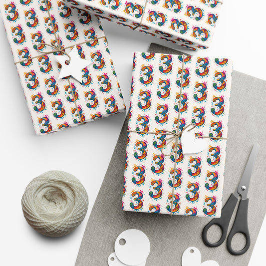 Number 3 Rainbow Pattern Gift Wrap Paper — Birthday Wrapping Sheets for 3rd Birthday Celebrations
