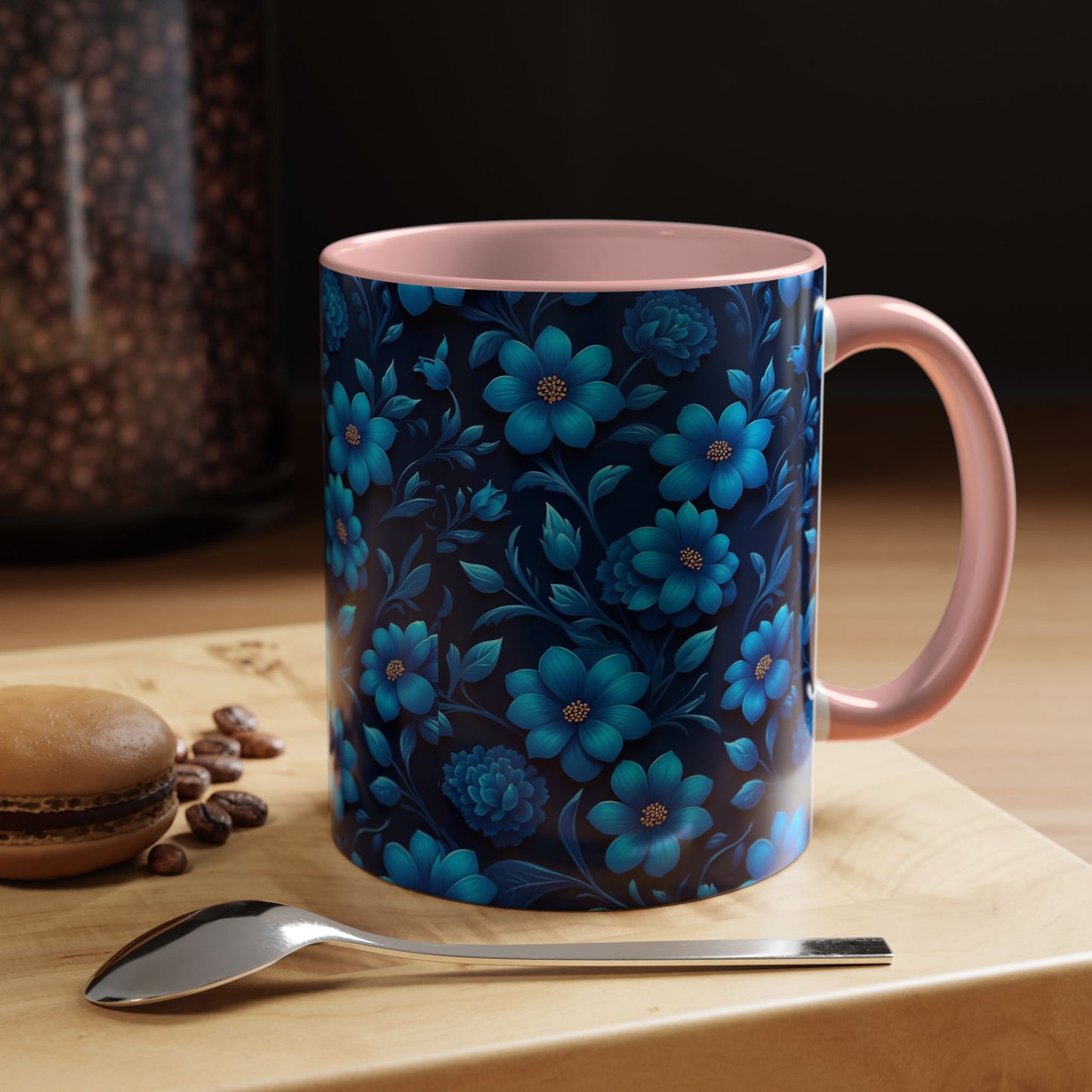 Floral Accent Coffee Mug, Blue Flower Mug, Ceramic Coffee Cup, Gift for Her, Nature-Themed Drinkware, Floral Home Decor, Unique Mug