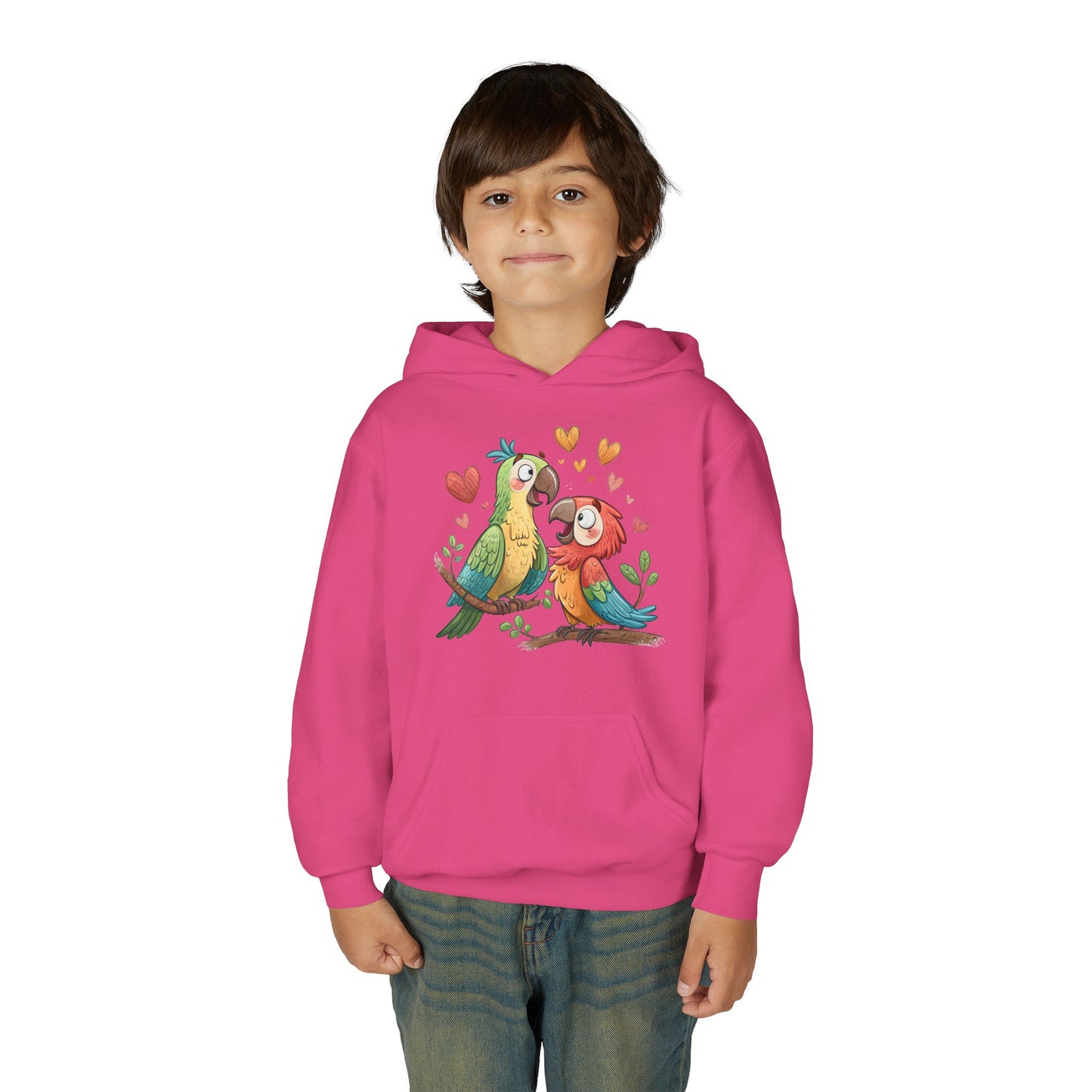 Youth Hoodie — Cute Parrot Couple Illustration (Hearts, Kids Pullover)
