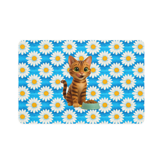 Cute Tabby Cat Pet Food Mat (12x18) — Daisy Pattern, Non-Slip Feeding Placemat