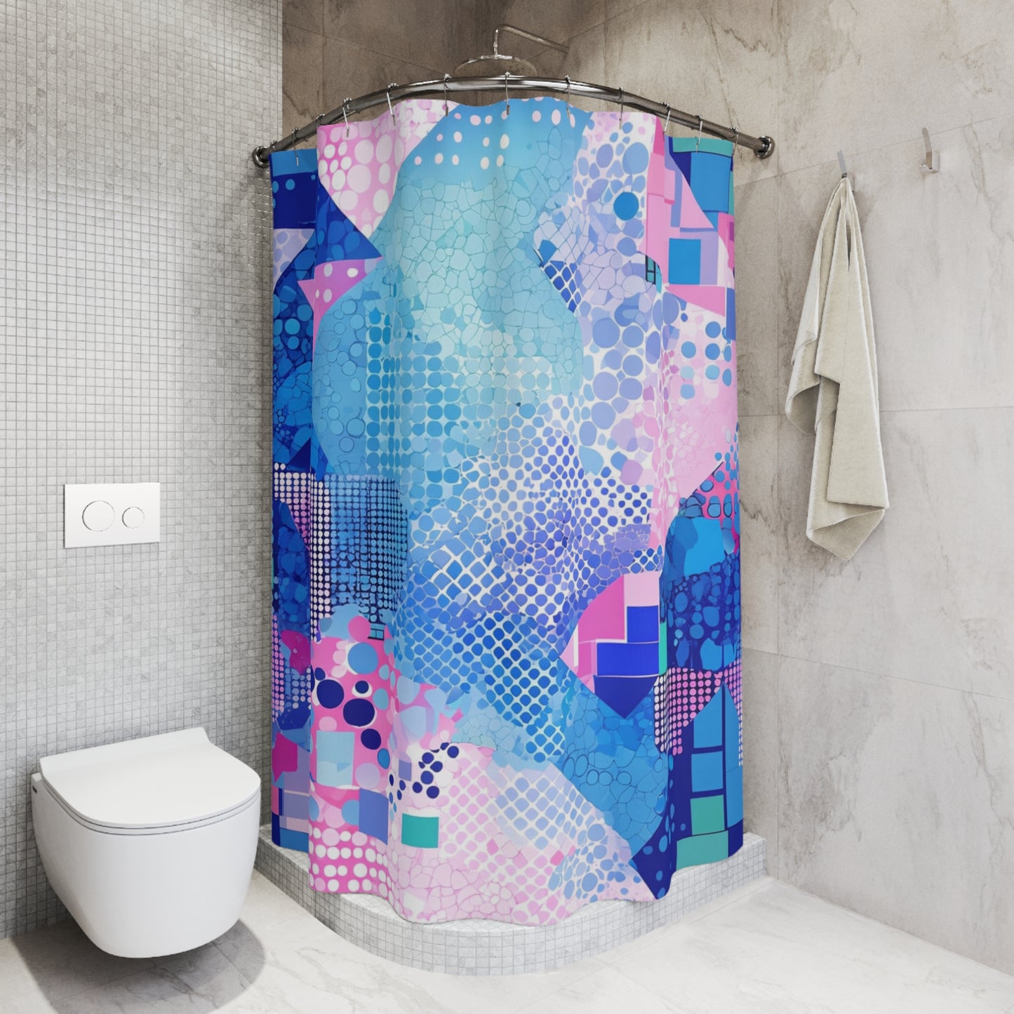 Abstract Blue Pink Geometric Shower Curtain – Modern Mosaic Bath Decor