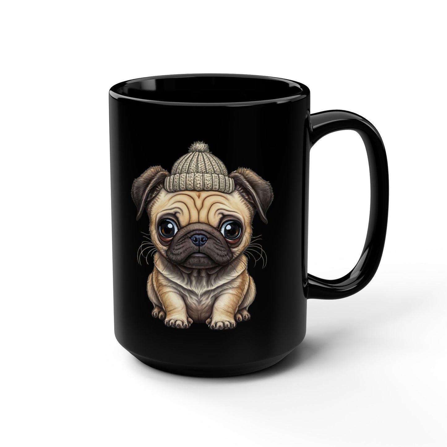 15oz Black Mug — Cute Pug Puppy with Beanie Coffee Mug