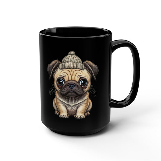 15oz Black Mug — Cute Pug Puppy with Beanie Coffee Mug