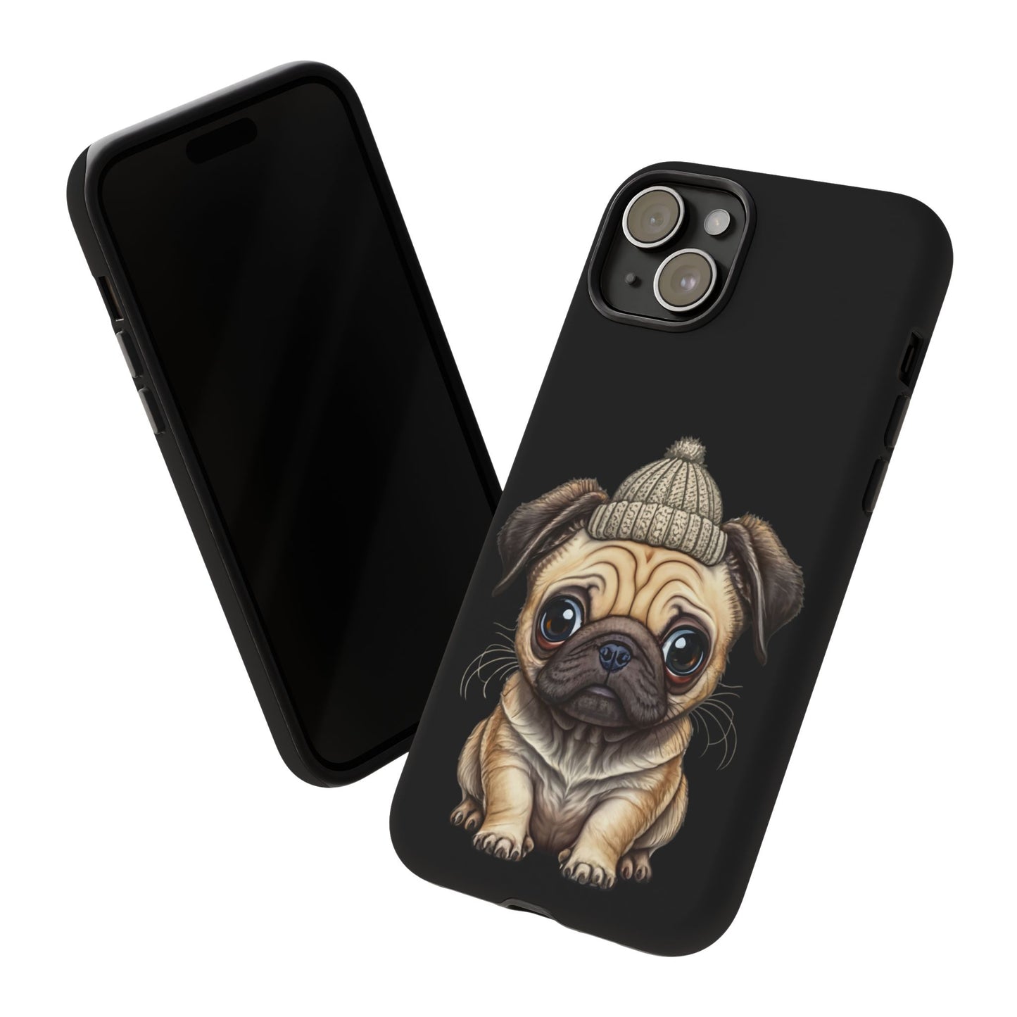 Pug Phone Case – Cute Pug Puppy Illustration on Black Tough Case