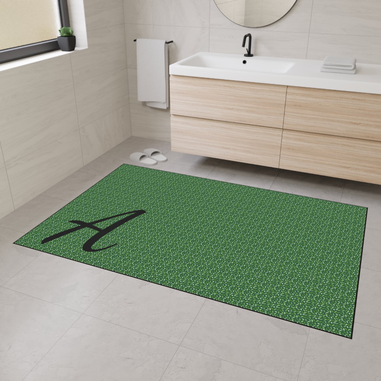 Monogram Heavy-Duty Floor Mat — Green Textured Doormat with Script "A"