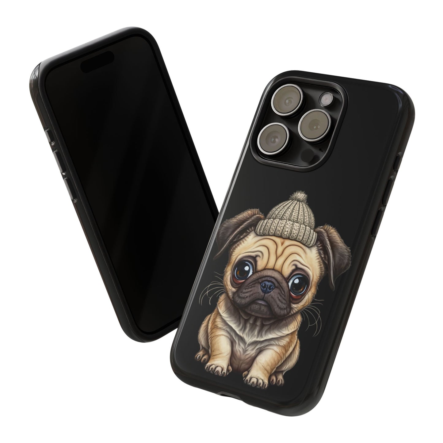 Pug Phone Case – Cute Pug Puppy Illustration on Black Tough Case