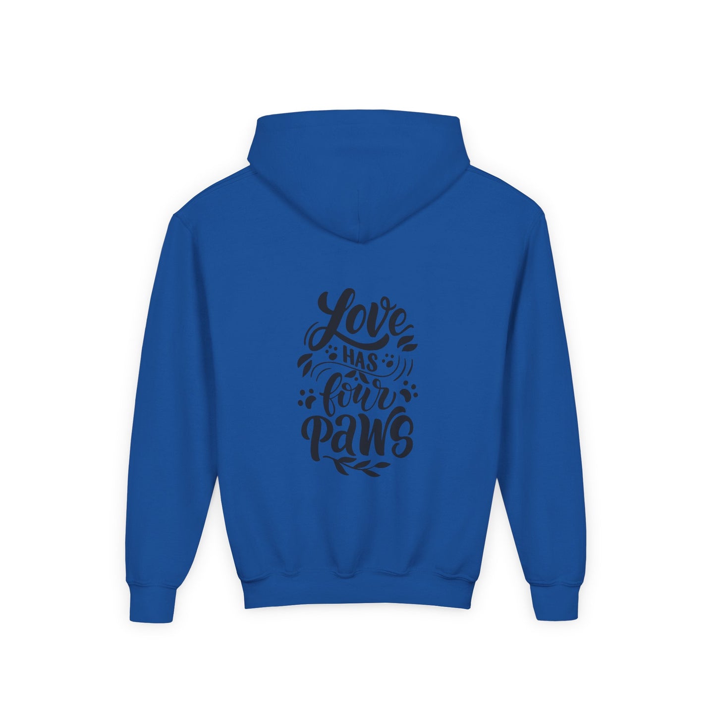 Youth Hoodie — Cute Black Shih Tzu with “Love Has Four Paws” Back Print
