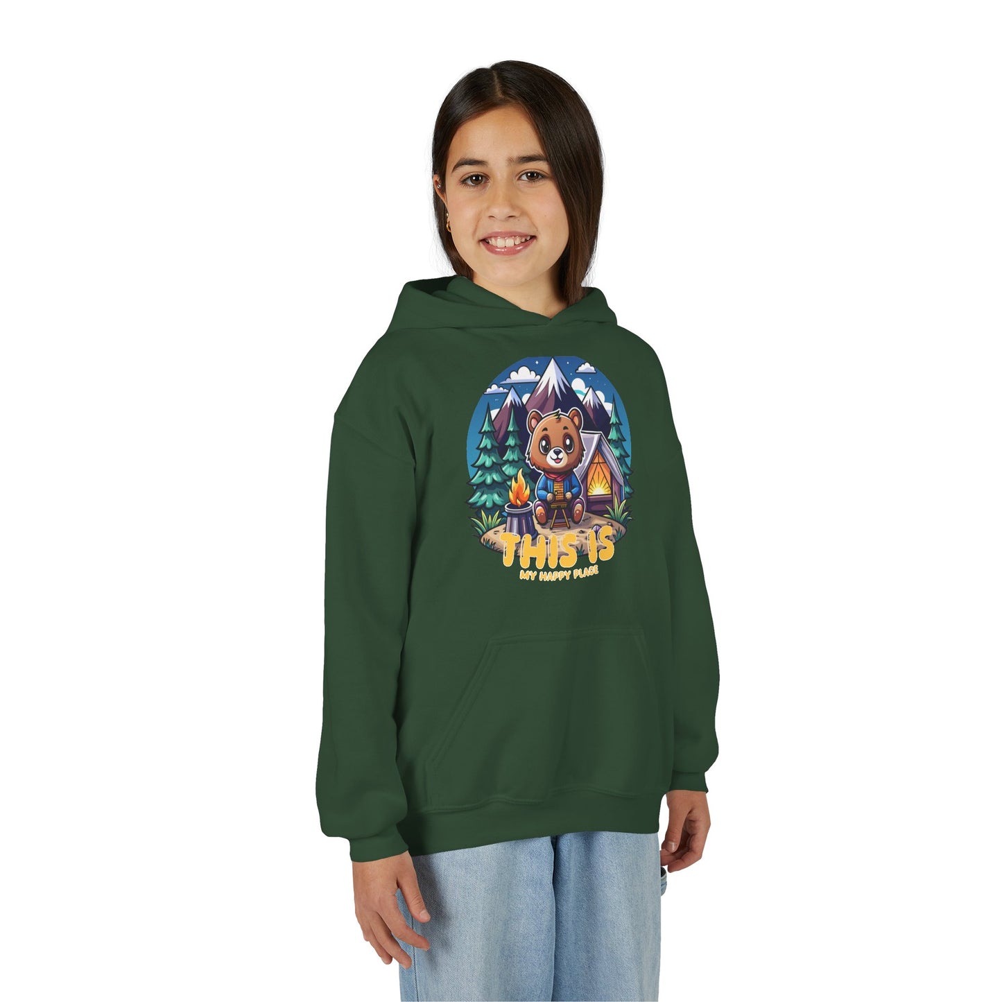 Youth Bear Camping Hoodie — "This is My Happy Place" Cozy Kid’s Outdoor Sweatshirt